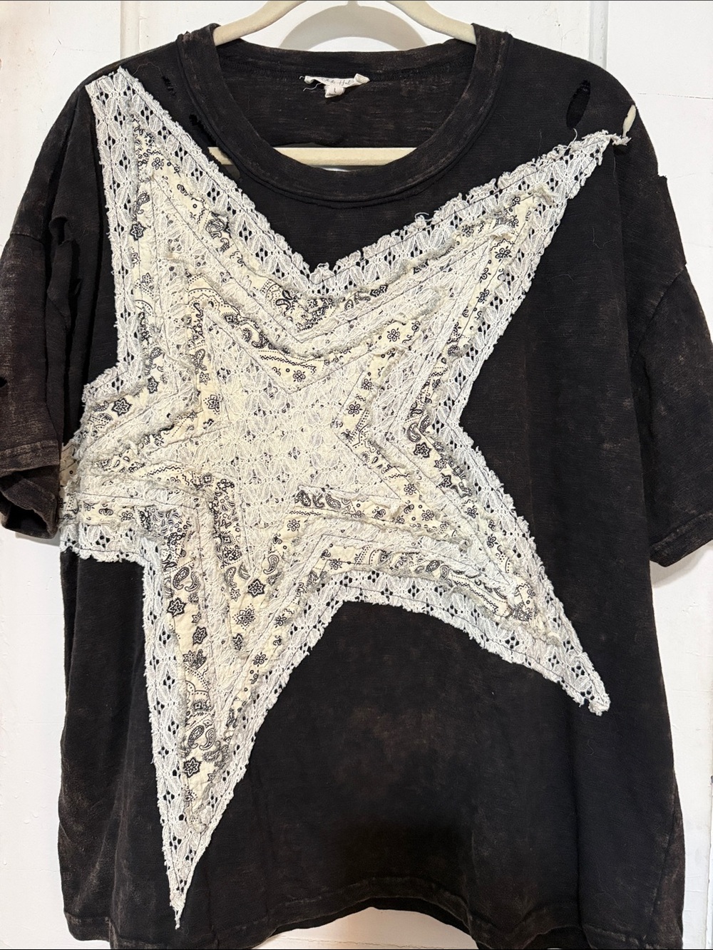 Oli & Hali Black Tee with Cream Star Lace Appliqué
